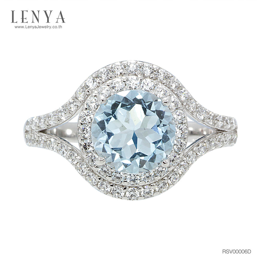 LENYA แหวนพลอยบลูโทแพซ เสริมความมั่นใจ ชัดเจน ปัญญา ขนาด 10 มิล  ตัวเรือนเงินแท้925 ชุบทองคำขาว
