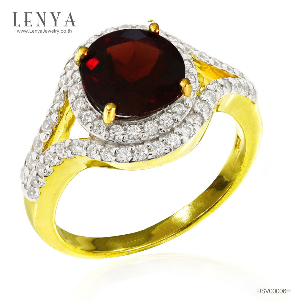 LENYA แหวนโกเมน(Garnet) ตัวเรือนเงินแท้ 925 ชุบทองคำ ประดับด้วย SWAROVSKI ZIRCONIA สีขาว สวยคลาสสิค  เสริมบุคลิกเพิ่มความมั่นใจ