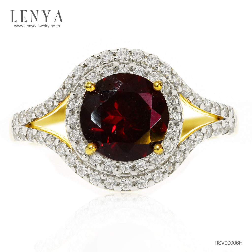 LENYA แหวนโกเมน(Garnet) ตัวเรือนเงินแท้ 925 ชุบทองคำ ประดับด้วย SWAROVSKI ZIRCONIA สีขาว สวยคลาสสิค  เสริมบุคลิกเพิ่มความมั่นใจ