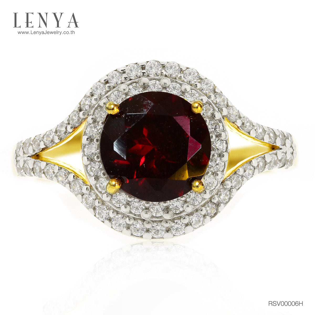 LENYA แหวนโกเมน(Garnet) ตัวเรือนเงินแท้ 925 ชุบทองคำ ประดับด้วย SWAROVSKI ZIRCONIA สีขาว สวยคลาสสิค  เสริมบุคลิกเพิ่มความมั่นใจ