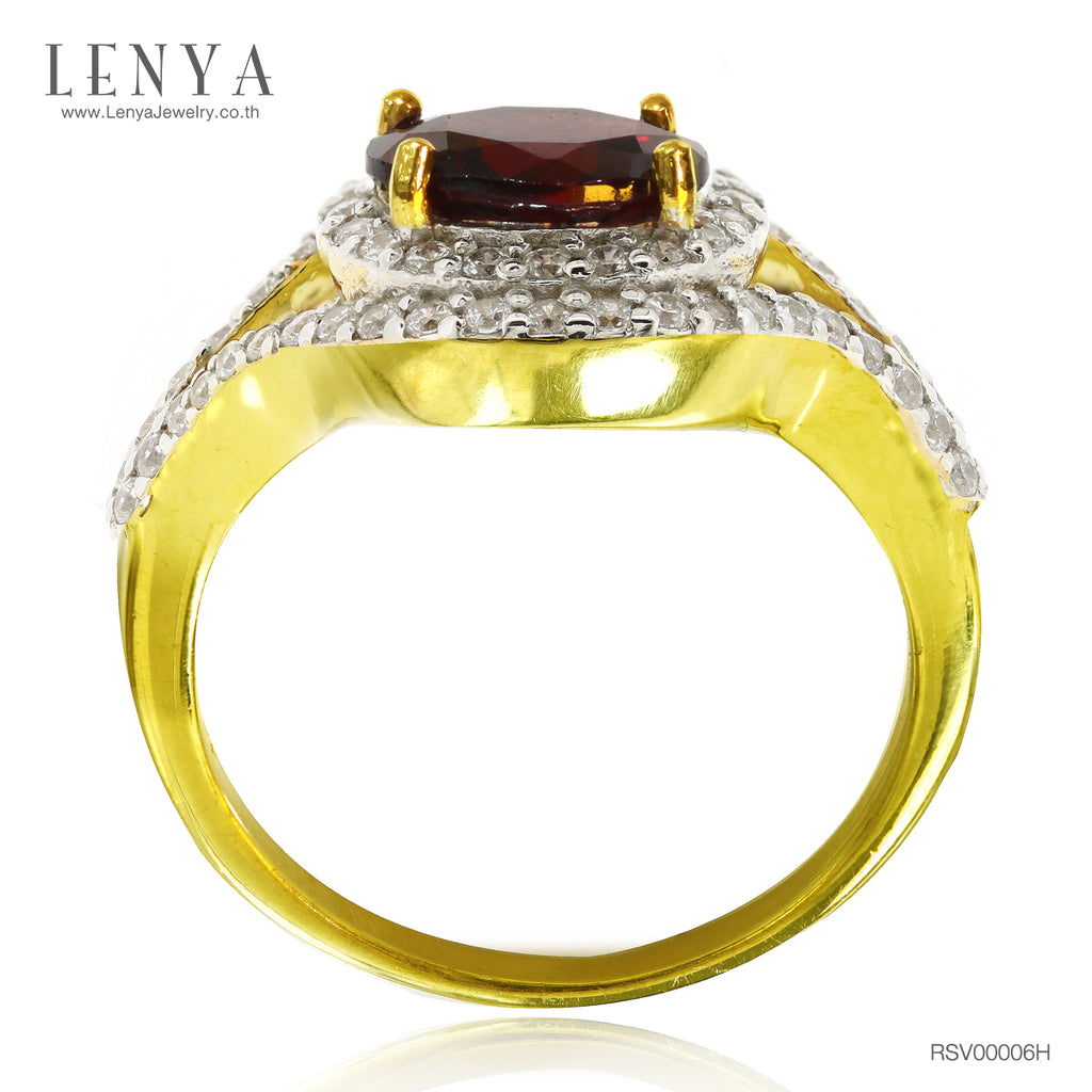 LENYA แหวนโกเมน(Garnet) ตัวเรือนเงินแท้ 925 ชุบทองคำ ประดับด้วย SWAROVSKI ZIRCONIA สีขาว สวยคลาสสิค  เสริมบุคลิกเพิ่มความมั่นใจ