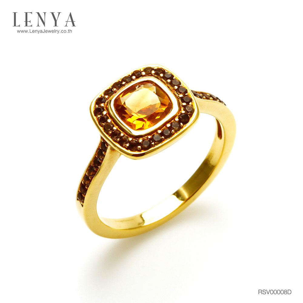 LENYA แหวนประดับพลอยซิทริน (Citrine) และพลอยสโมคกี้คอวทซ์ (Smoky Quartz) ตัวเรือนเงินแท้ชุบทองคำแท้