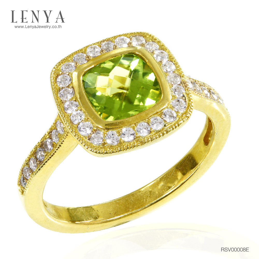 LENYA แหวนเงินแท้ ประดับพลอยสีเขียวอมเหลือง เพอริดอท( peridot)  ดีไซน์เรียบหรูดูโดดเด่น ตกแต่งด้วยคิวบิกเซอร์โคเนียเม็ดเล็ก ตัวเรือนชุบทองคำ หรูหรา เพิ่มความมั่นใจ