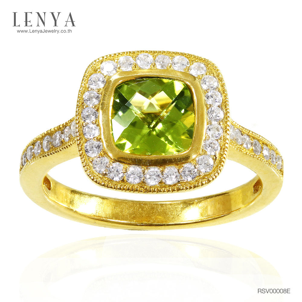 LENYA แหวนเงินแท้ ประดับพลอยสีเขียวอมเหลือง เพอริดอท( peridot)  ดีไซน์เรียบหรูดูโดดเด่น ตกแต่งด้วยคิวบิกเซอร์โคเนียเม็ดเล็ก ตัวเรือนชุบทองคำ หรูหรา เพิ่มความมั่นใจ