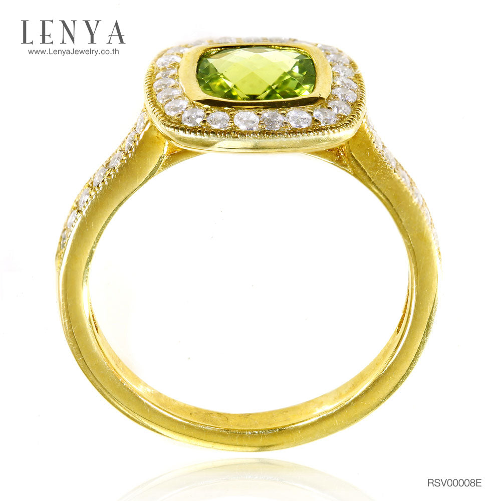 LENYA แหวนเงินแท้ ประดับพลอยสีเขียวอมเหลือง เพอริดอท( peridot)  ดีไซน์เรียบหรูดูโดดเด่น ตกแต่งด้วยคิวบิกเซอร์โคเนียเม็ดเล็ก ตัวเรือนชุบทองคำ หรูหรา เพิ่มความมั่นใจ