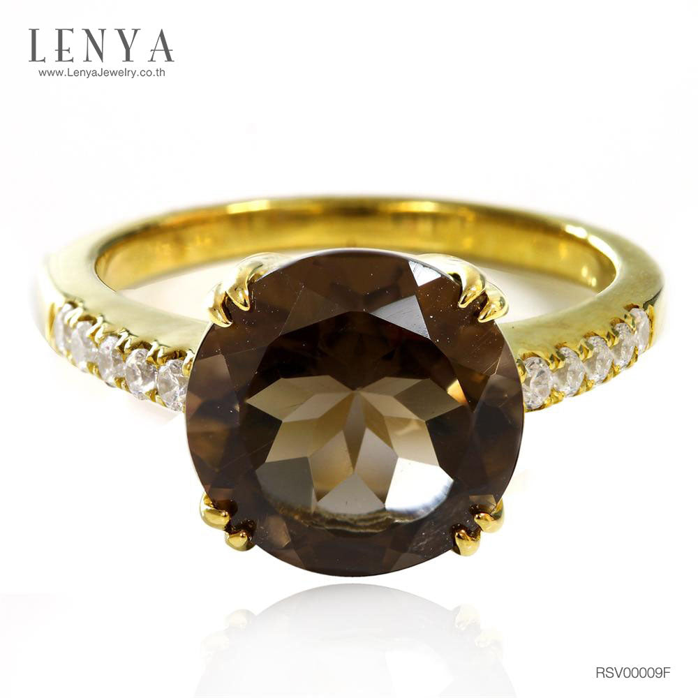 LENYA แหวนสโม้กกี้ควอตซ์ ขนาด 10มิล ประดับคิวบิคเซอร์โคเนียด้านข้าง ตัวเรือนเงินแท้ ชุบทอง 18K เหมาะมากสำหรับงานค็อกเทลปาร์ตี้