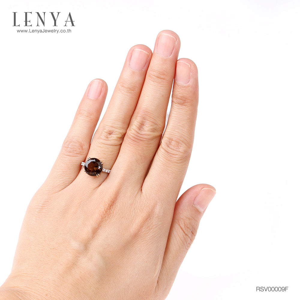 LENYA แหวนสโม้กกี้ควอตซ์ ขนาด 10มิล ประดับคิวบิคเซอร์โคเนียด้านข้าง ตัวเรือนเงินแท้ ชุบทอง 18K เหมาะมากสำหรับงานค็อกเทลปาร์ตี้