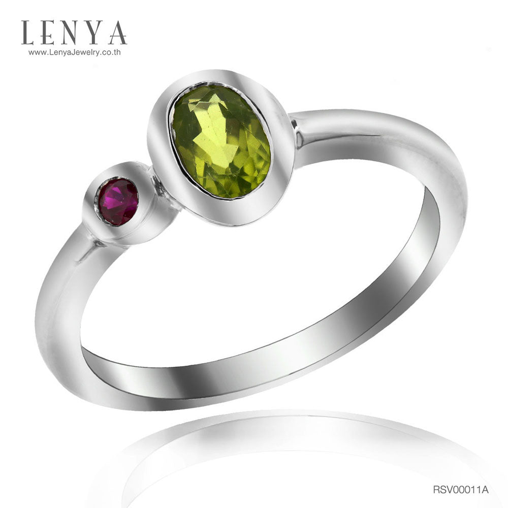 LENYA แหวนพลอยเพอริดอท(Peridot) ประดับพลอยทับทิม(Ruby) เหมาะสวมใส่ได้ทุกวัน ตัวเรือนเงินแท้ชุบทองคำขาว