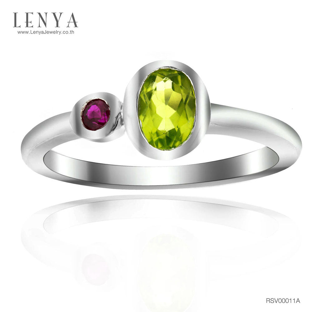 LENYA แหวนพลอยเพอริดอท(Peridot) ประดับพลอยทับทิม(Ruby) เหมาะสวมใส่ได้ทุกวัน ตัวเรือนเงินแท้ชุบทองคำขาว