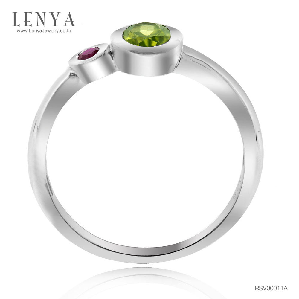 LENYA แหวนพลอยเพอริดอท(Peridot) ประดับพลอยทับทิม(Ruby) เหมาะสวมใส่ได้ทุกวัน ตัวเรือนเงินแท้ชุบทองคำขาว