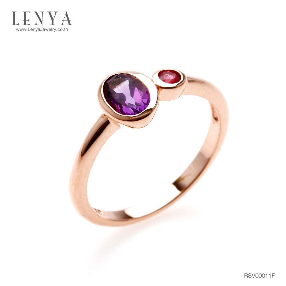 LENYA แหวนดีไซน์น่ารักเรียบหรู ประดับพลอยอะเมทิสต์ (Amethyst) และทับทิม (Ruby) ตัวเรือนเงินแท้ชุบสีพิ้งค์โกลด์ (Pink Gold)