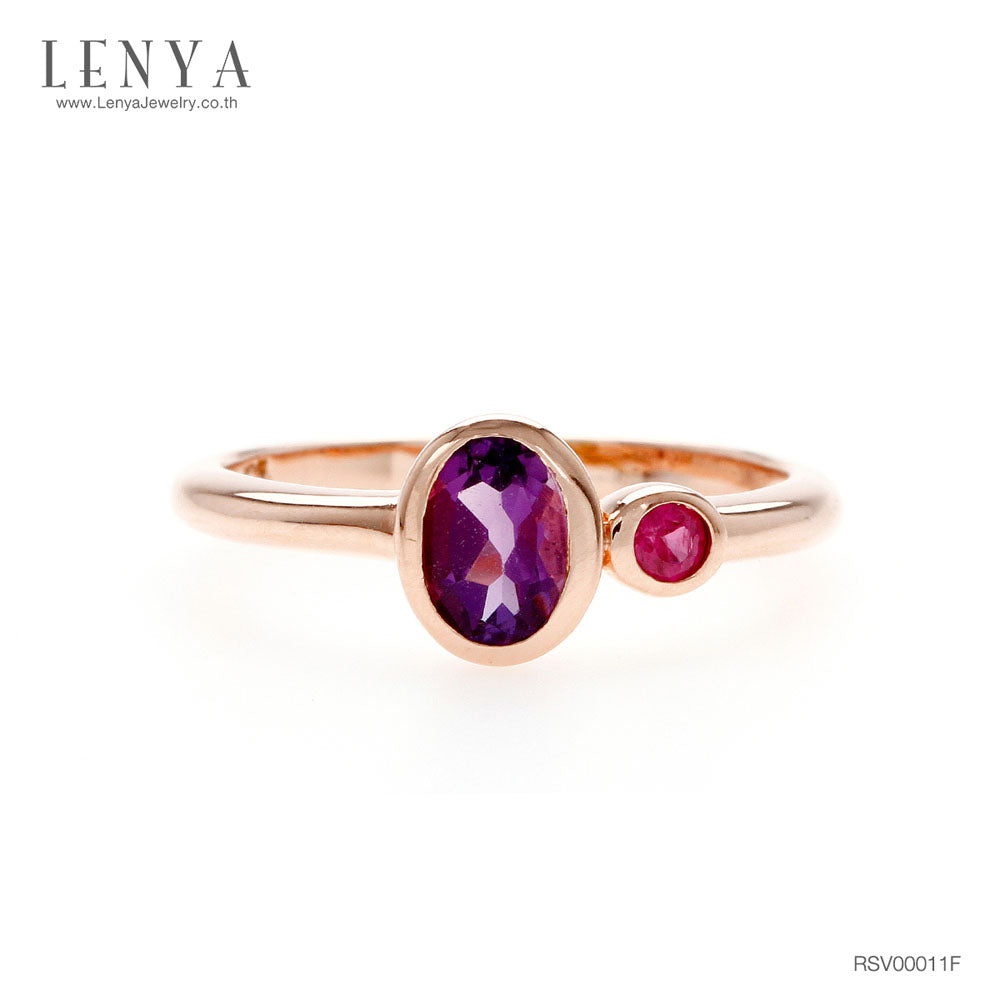 LENYA แหวนดีไซน์น่ารักเรียบหรู ประดับพลอยอะเมทิสต์ (Amethyst) และทับทิม (Ruby) ตัวเรือนเงินแท้ชุบสีพิ้งค์โกลด์ (Pink Gold)