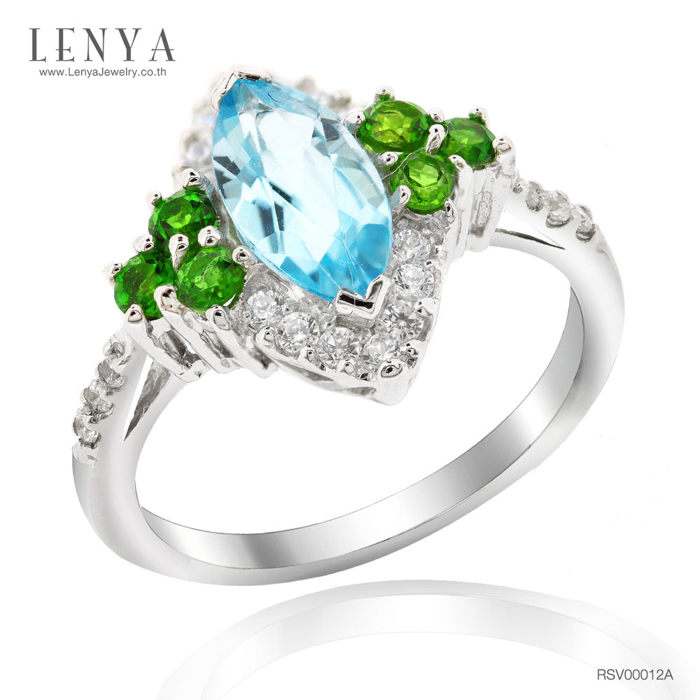 LENYA แหวนพลอยโทแพซสีฟ้า(Blue Topaz) ดีไซน์รูปหยดน้ำ สวมใส่แล้วช่วยเพิ่มความยาวให้เรียวนิ้ว บนตัวเรือนเงินแท้ชุบทองคำขาว