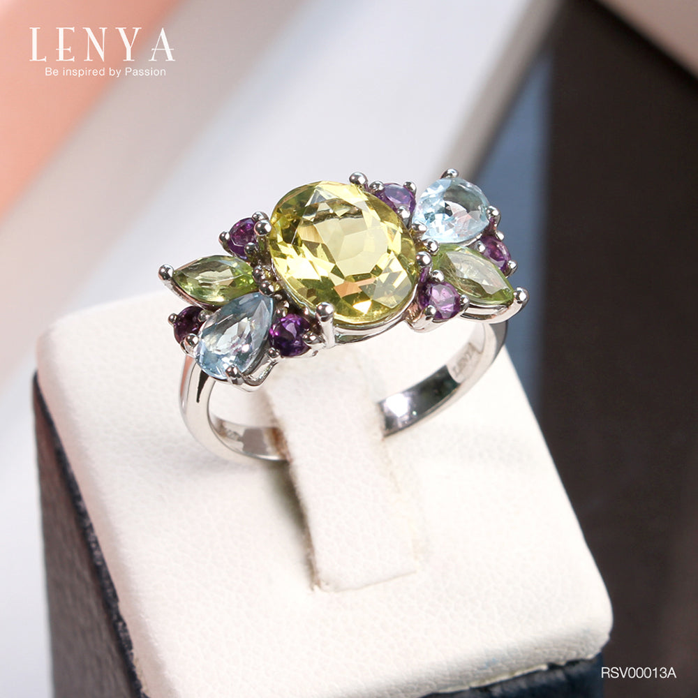 LENYA แหวนพลอยเลมอนควอทซ์ เสริมโชคลาภสมดุลและพลังบวก ขนาด 10x8 มิล ตัวเรือนเงินแท้925 ชุบทองคำขาว