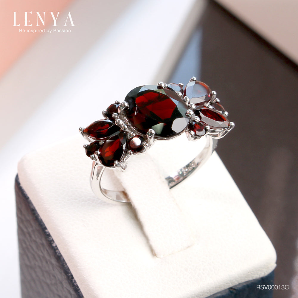 LENYA แหวนพลอยโกเมน เสริมด้านใจแกร่ง สำเร็จ มั่นคง ขนาด10x8 มิล ตัวเรือนเงินแท้925 ชุบทองคำขาว