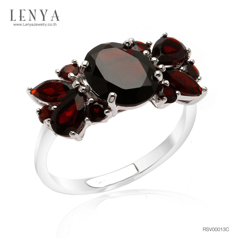 LENYA แหวนพลอยโกเมน เสริมด้านใจแกร่ง สำเร็จ มั่นคง ขนาด10x8 มิล ตัวเรือนเงินแท้925 ชุบทองคำขาว