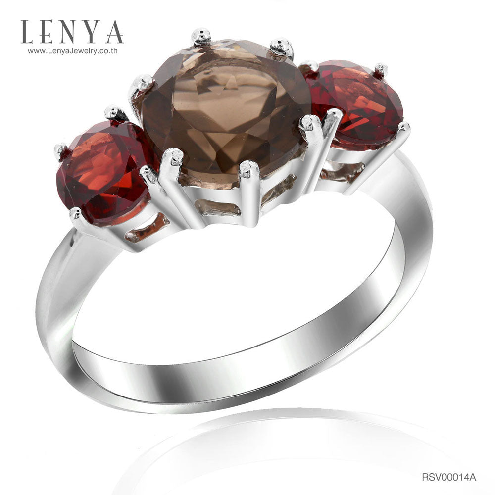 LENYA แหวนเงินแท้ 925 ชุบทองขาว ประดับพลอยสโมคกี้ควอตซ์(Smoky Quartz) และ โกเมน (Garnet) เสริมบุคลิกความมั่นใจ เสริมให้ร่ำรวย อัญมณีประจำเดือนมกราคม
