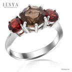 LENYA แหวนเงินแท้ 925 ชุบทองขาว ประดับพลอยสโมคกี้ควอตซ์(Smoky Quartz) และ โกเมน (Garnet) เสริมบุคลิกความมั่นใจ เสริมให้ร่ำรวย อัญมณีประจำเดือนมกราคม