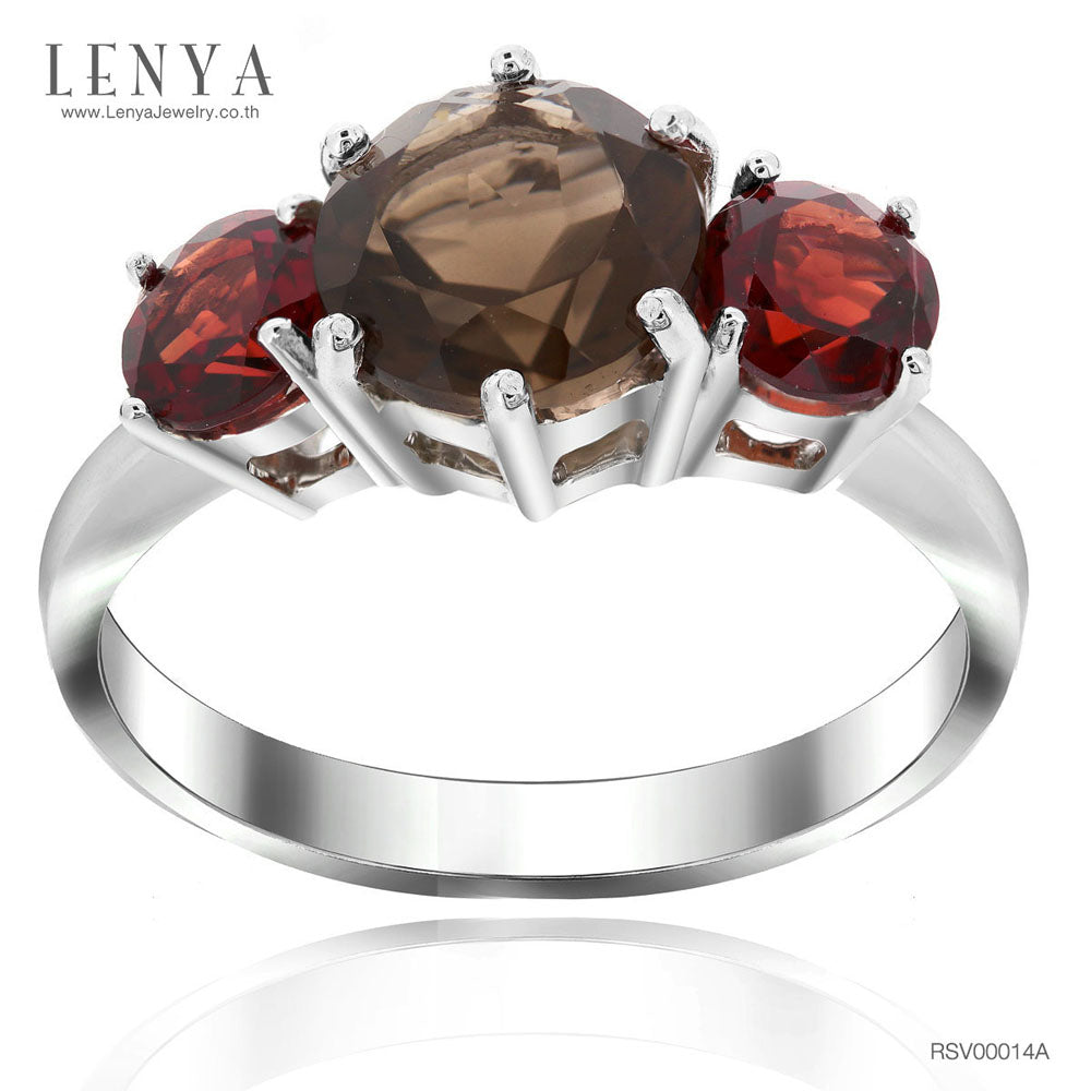 LENYA แหวนเงินแท้ 925 ชุบทองขาว ประดับพลอยสโมคกี้ควอตซ์(Smoky Quartz) และ โกเมน (Garnet) เสริมบุคลิกความมั่นใจ เสริมให้ร่ำรวย อัญมณีประจำเดือนมกราคม
