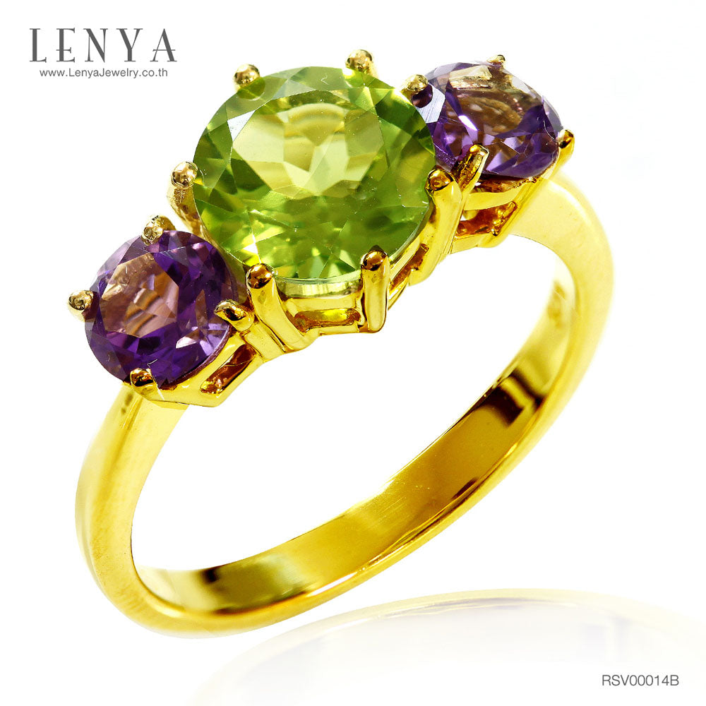 LENYA แหวนพลอยเพอริดอต (Peridot) ประดับพลอยอเมทิสต์ จับคู่สีสุดเก๋วางบนตัวเรือนเงินแท้ชุบทอง