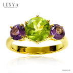 LENYA แหวนพลอยเพอริดอต (Peridot) ประดับพลอยอเมทิสต์ จับคู่สีสุดเก๋วางบนตัวเรือนเงินแท้ชุบทอง