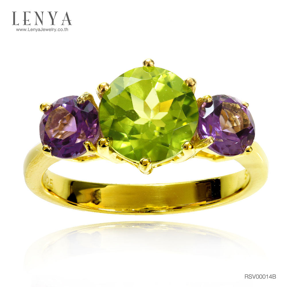 LENYA แหวนพลอยเพอริดอต (Peridot) ประดับพลอยอเมทิสต์ จับคู่สีสุดเก๋วางบนตัวเรือนเงินแท้ชุบทอง