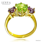 LENYA แหวนพลอยเพอริดอต (Peridot) ประดับพลอยอเมทิสต์ จับคู่สีสุดเก๋วางบนตัวเรือนเงินแท้ชุบทอง