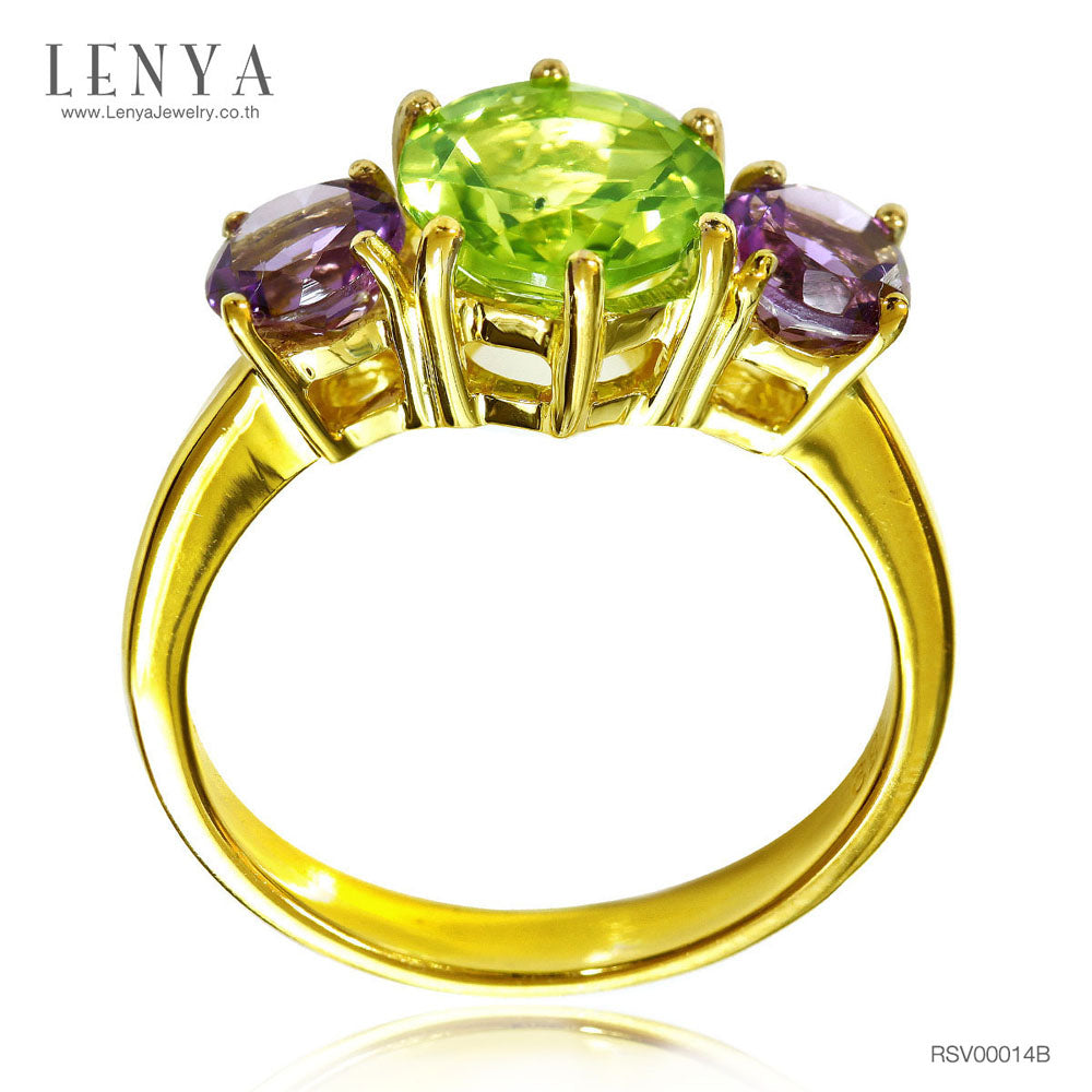 LENYA แหวนพลอยเพอริดอต (Peridot) ประดับพลอยอเมทิสต์ จับคู่สีสุดเก๋วางบนตัวเรือนเงินแท้ชุบทอง