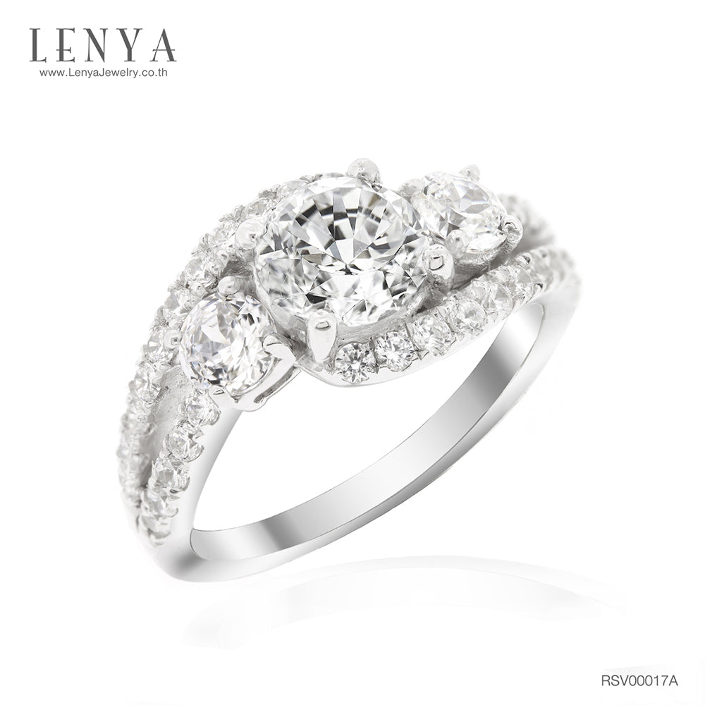 LENYA แหวนเพชร DiamondLike ประดับเพชรเม็ดกลางขนาด 1 กะรัต รายล้อมไปด้วยเพชรข้างและเพชรประดับ ตัวเรือนเงินแท้ชุบทองคำขาว
