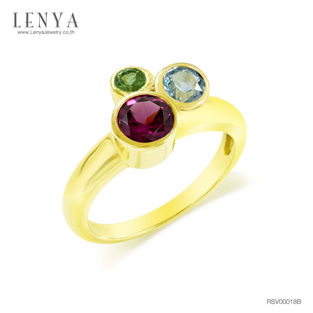 LENYA แหวนพลอยโรโดไลท์, โทแพซสีฟ้า, เพอริดอต(Rhodolite,Blue Topaz, Peridot) 3 สี ดูคลาสสิคน่ามอง ตัวเรือนเงินแท้ชุบทองคำ