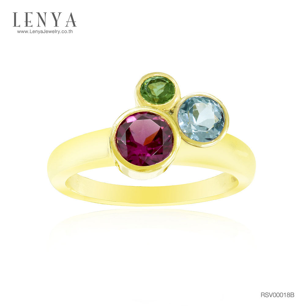 LENYA แหวนพลอยโรโดไลท์, โทแพซสีฟ้า, เพอริดอต(Rhodolite,Blue Topaz, Peridot) 3 สี ดูคลาสสิคน่ามอง ตัวเรือนเงินแท้ชุบทองคำ
