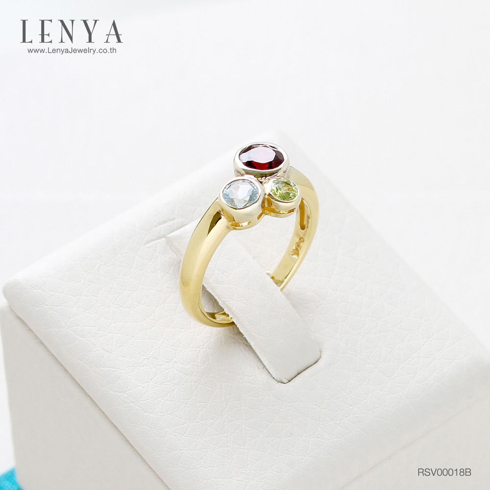 LENYA แหวนพลอยโรโดไลท์, โทแพซสีฟ้า, เพอริดอต(Rhodolite,Blue Topaz, Peridot) 3 สี ดูคลาสสิคน่ามอง ตัวเรือนเงินแท้ชุบทองคำ