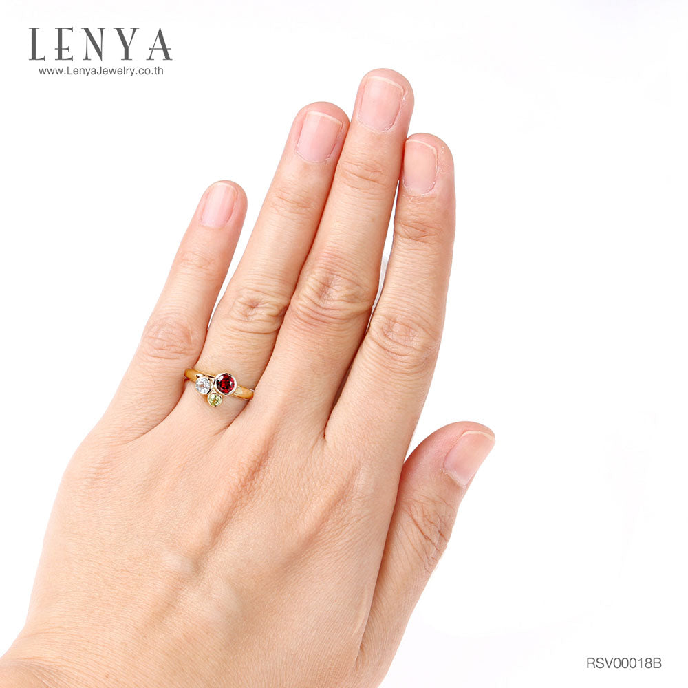 LENYA แหวนพลอยโรโดไลท์, โทแพซสีฟ้า, เพอริดอต(Rhodolite,Blue Topaz, Peridot) 3 สี ดูคลาสสิคน่ามอง ตัวเรือนเงินแท้ชุบทองคำ