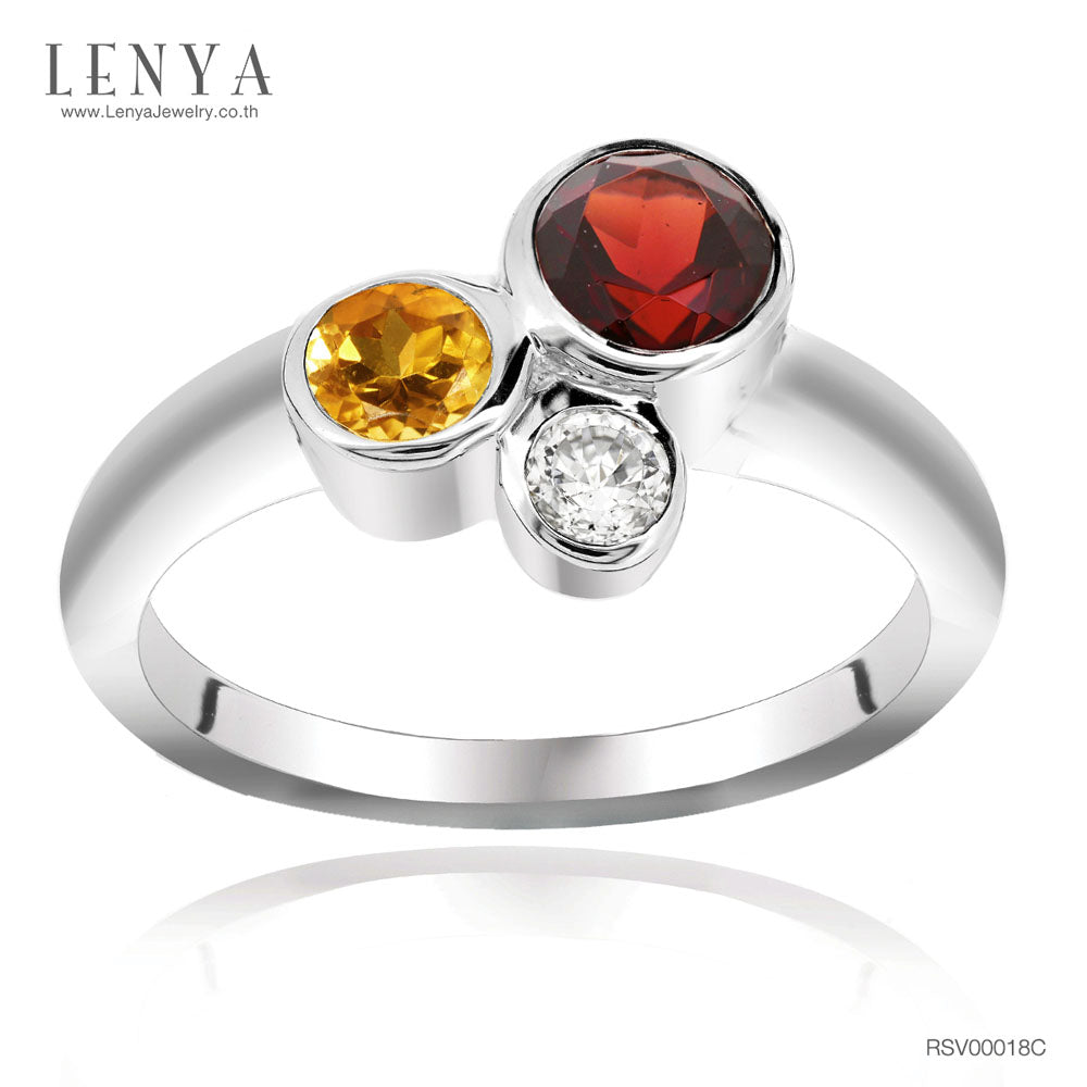 LENYA แหวนพลอยสามสี โกเมน (Garnet) ซิทริน (Citrine) และเพชร DiamondLike ดีไซน์เก๋ บนตัวเรือนเงินแท้ชุบทองคำขาว