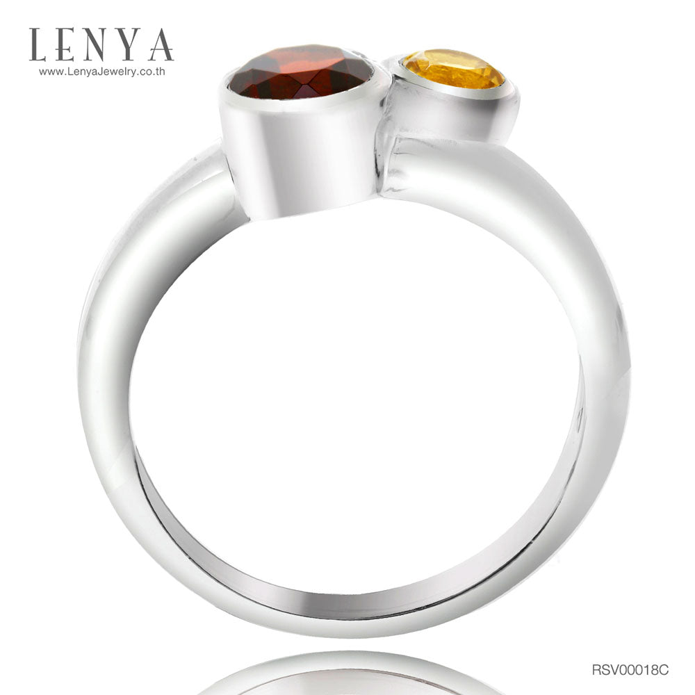 LENYA แหวนพลอยสามสี โกเมน (Garnet) ซิทริน (Citrine) และเพชร DiamondLike ดีไซน์เก๋ บนตัวเรือนเงินแท้ชุบทองคำขาว