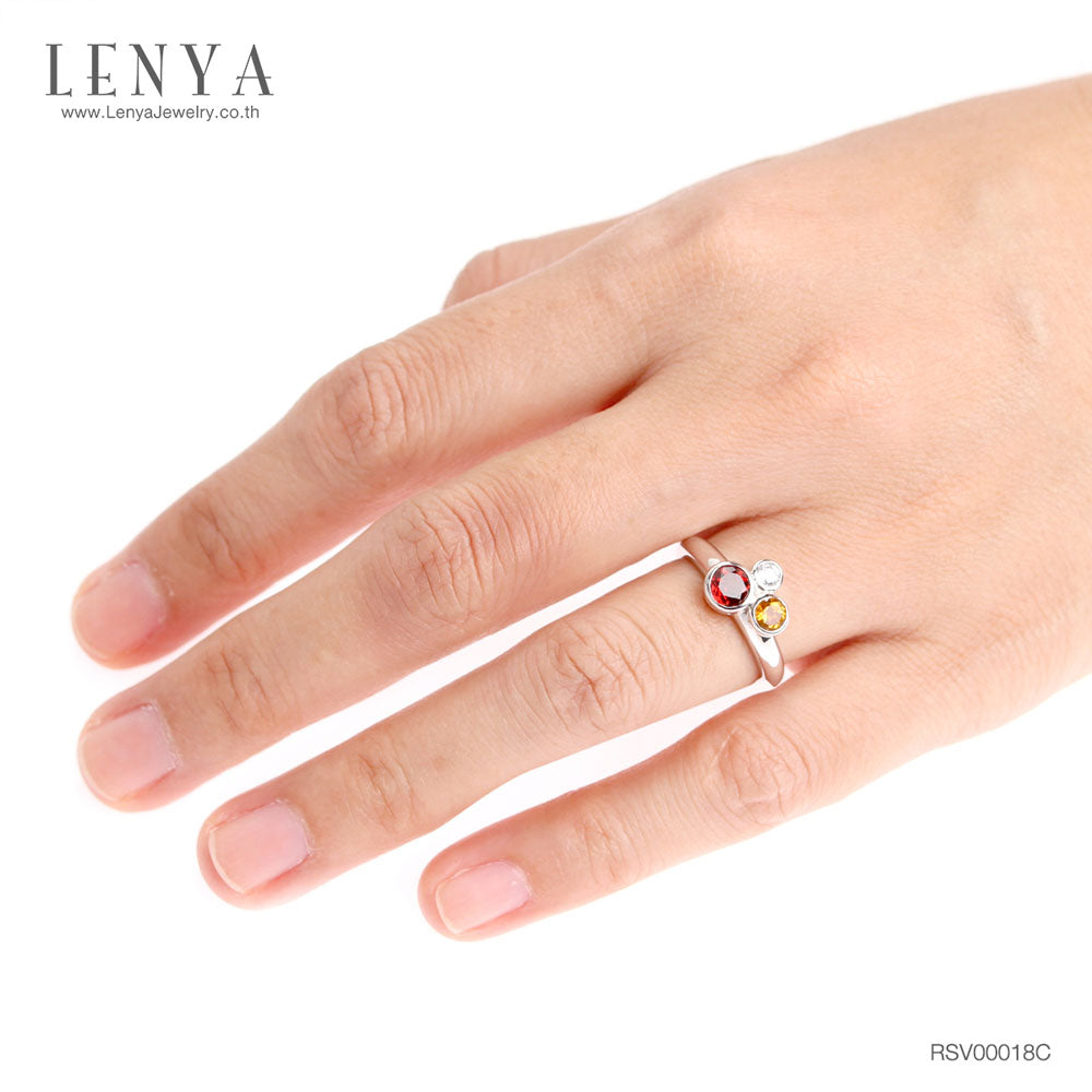 LENYA แหวนพลอยสามสี โกเมน (Garnet) ซิทริน (Citrine) และเพชร DiamondLike ดีไซน์เก๋ บนตัวเรือนเงินแท้ชุบทองคำขาว