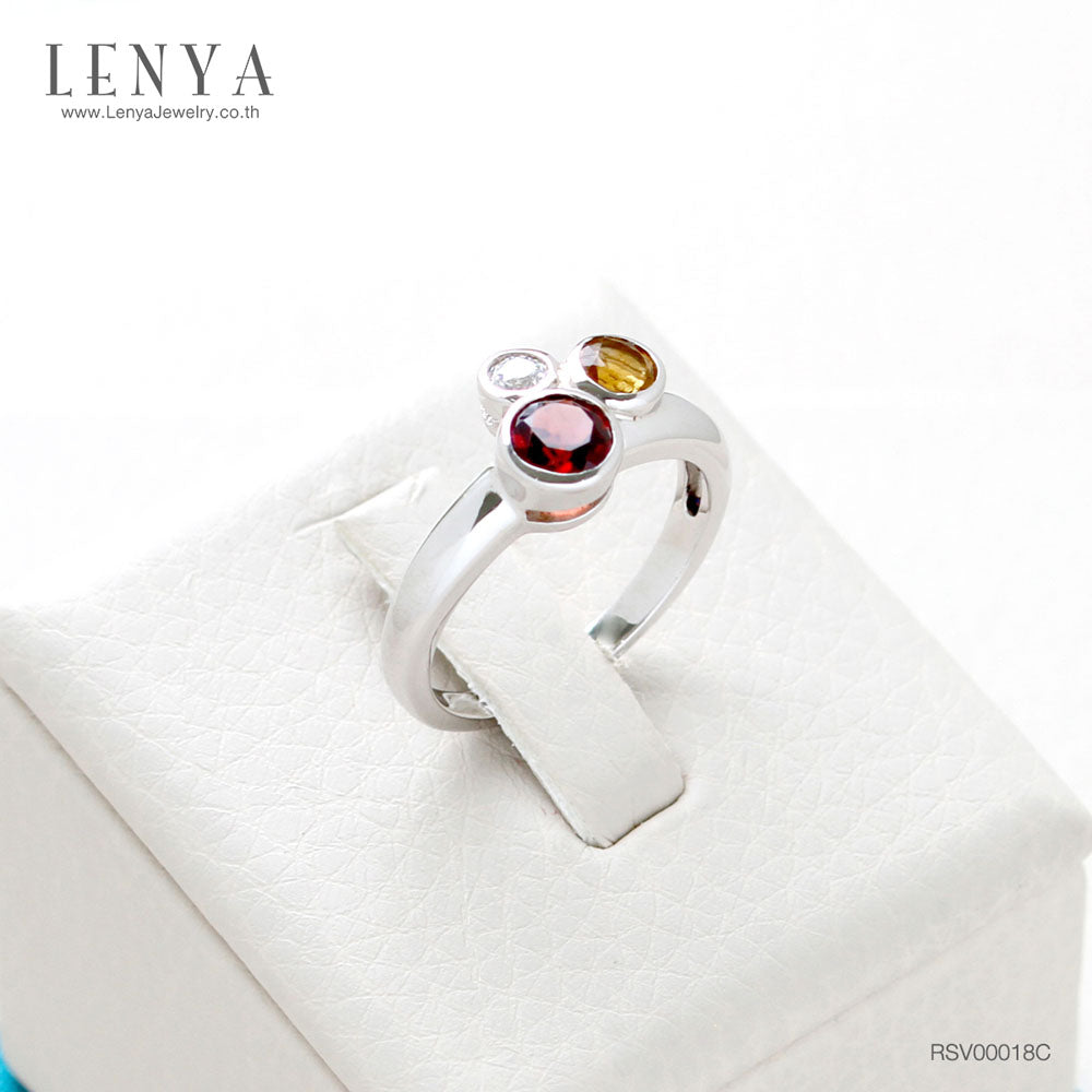LENYA แหวนพลอยสามสี โกเมน (Garnet) ซิทริน (Citrine) และเพชร DiamondLike ดีไซน์เก๋ บนตัวเรือนเงินแท้ชุบทองคำขาว