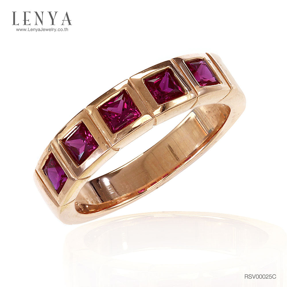LENYA แหวนพลอยสีแดง จาก Swarovski เสริมรสนิยม ขนาด 3x3 มิล ตัวเรือนเงินแท้925 ชุบพิงค์โกลด์