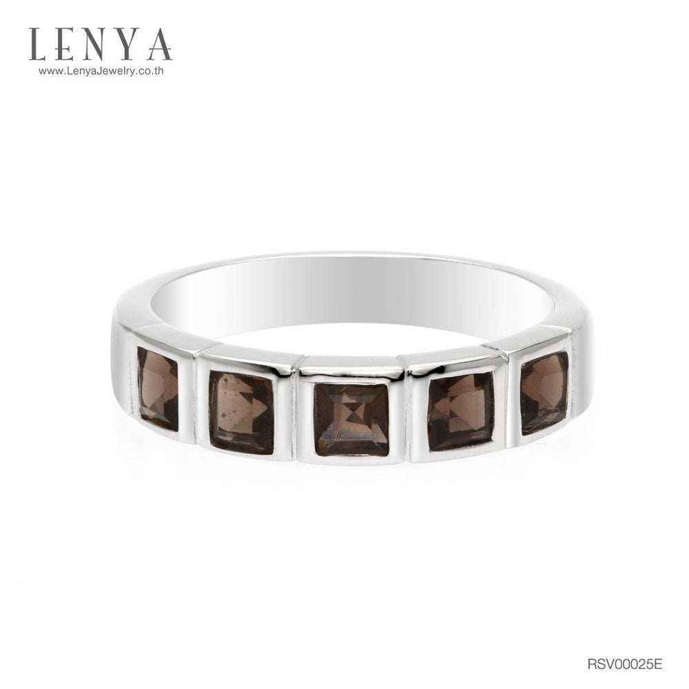 LENYA แหวน LENYA ETERNAL ประดับด้วย สโมคกี้ควอตซ์(Smoky Quartz) รูปทรงสีเหลี่ยมสีเทา ดีไซน์รูปแบบเฉพาะสวมใส่ได้ทั้งชายหญิง บนตัวเรือนเงินแท้ชุบทองคำขาว