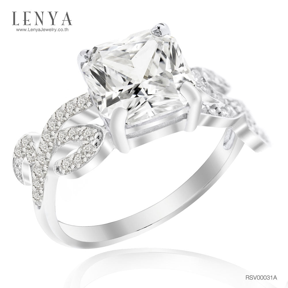 LENYA แหวนเพชร DiamondLike รูปทรงชูเพชรสี่เหลี่ยมดูเก๋ไก๋ ไม่เหมือนใคร บนตัวเรือนเงินแท้ชุบทองคำขาว