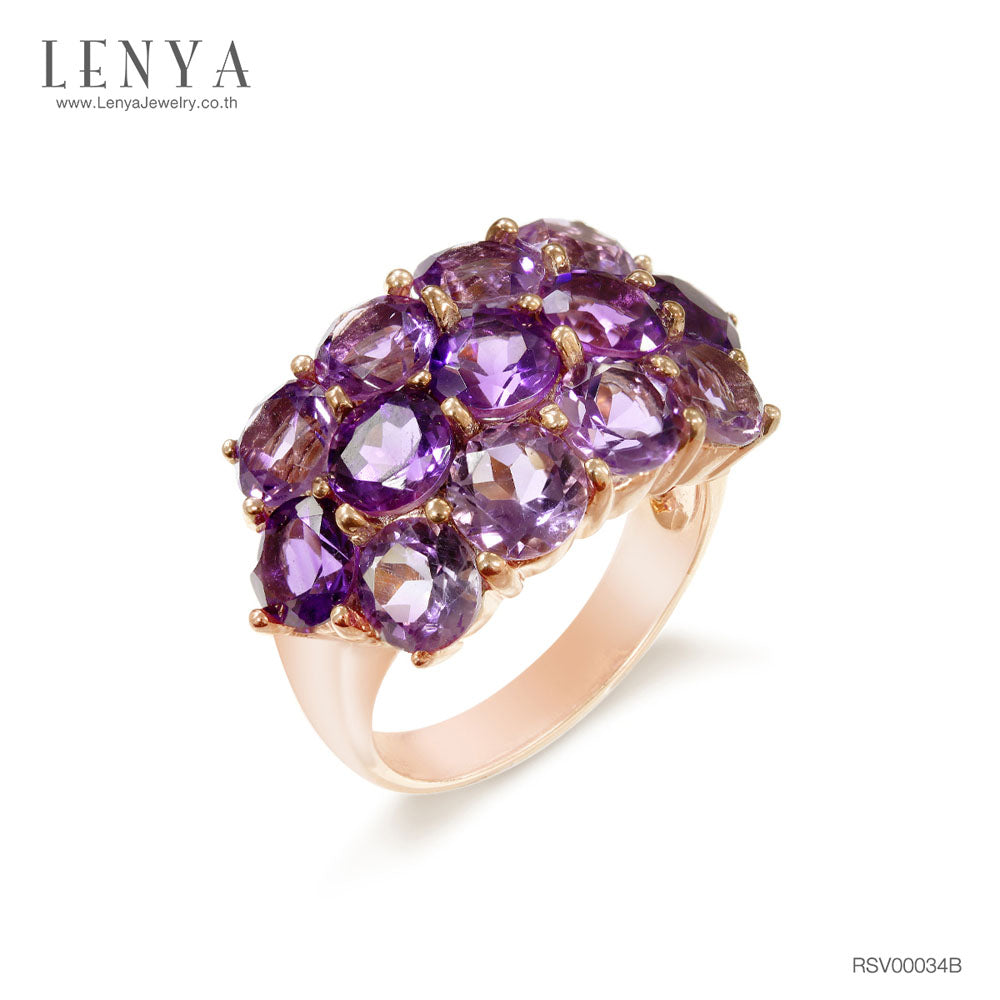 LENYA แหวนพลอยอเมทิสต์ (Amethyst) ประดับพลอยสีม่วงเข้มขนาบด้วยพลอยสีม่วงอ่อน หรูหราและโดดเด่น บนตัวเรือนเงินแท้ชุบพิ้งค์โกลด์