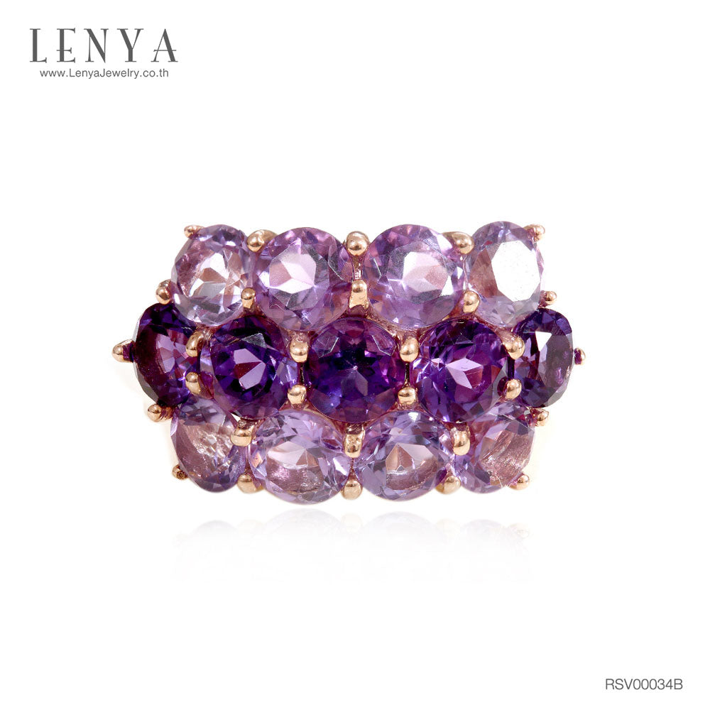 LENYA แหวนพลอยอเมทิสต์ (Amethyst) ประดับพลอยสีม่วงเข้มขนาบด้วยพลอยสีม่วงอ่อน หรูหราและโดดเด่น บนตัวเรือนเงินแท้ชุบพิ้งค์โกลด์