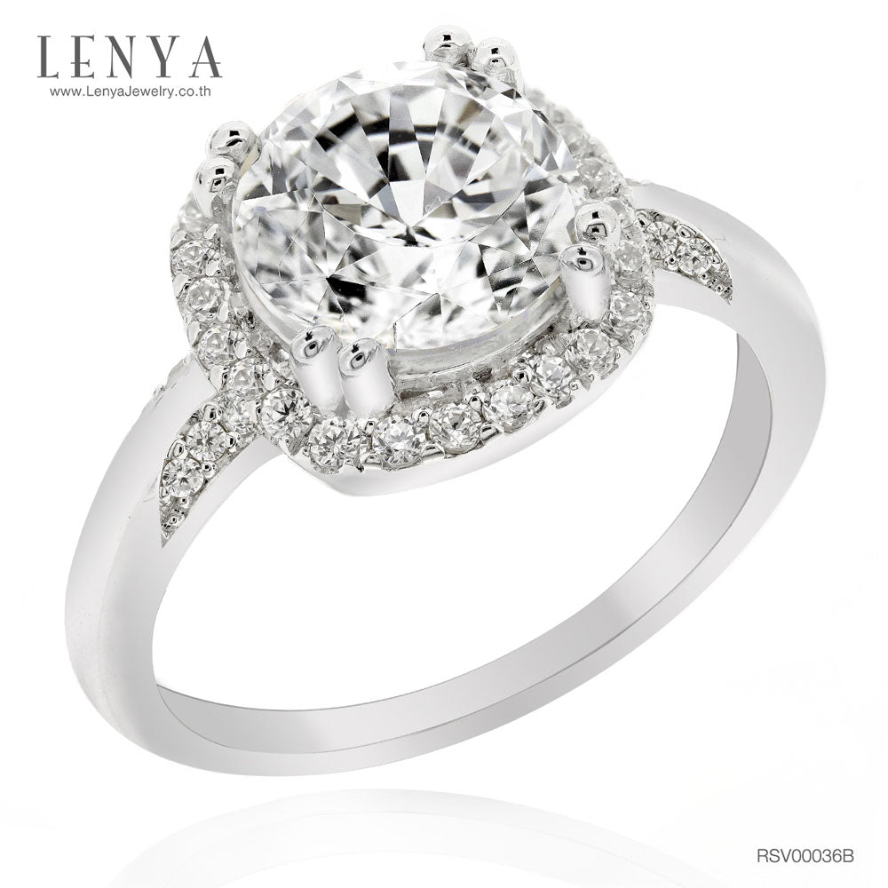 LENYA แหวนเพชร DiamondLike ขนาด 2 กะรัต หัวแหวนล้อมด้วยเพชรอีกชั้น เพิ่มขนาดให้กับเพชรหัวแหวน ตัวเรือนเงินแท้ชุบทองคำขาว