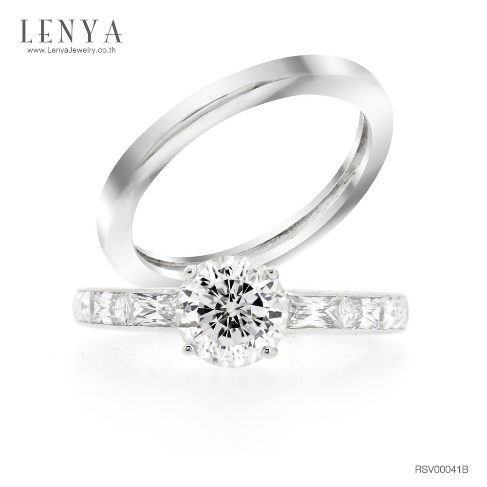 LENYA แหวนเงินแท้ 925 ชุบทองคำขาว ประดับด้วย SWAROVSKI ZIRCONIA สีขาว สวยคลาสสิค  เสริมบุคลิกเพิ่มความมั่นใจ