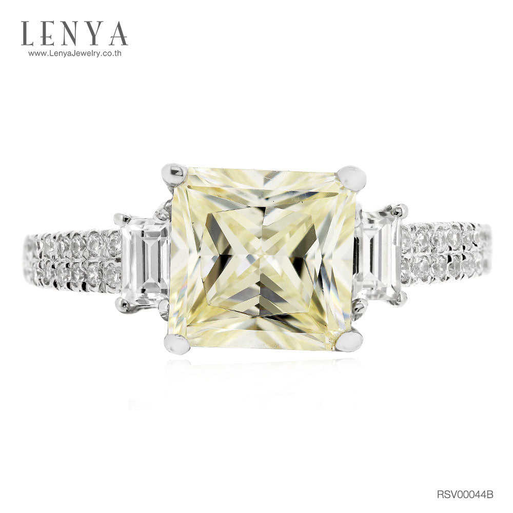 LENYA แหวนเพชร DiamondLike ทรง Princess Cut เลิศหรูสีแฟชั่น Yellow Light ประดับด้วย Cubic Zirconia มากถึง 30 เม็ด ตัวเรือนทำจากเงินแท้ 925 ชุบทองคำขาวเพิ่มมิติความสว่าง