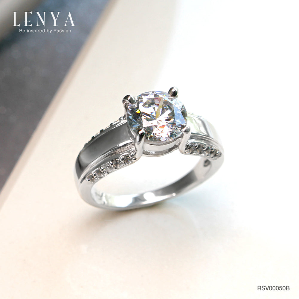 LENYA แหวนเงินแท้ 925 ชุบทองคำขาว ประดับด้วย SWAROVSKI ZIRCONIA สีขาว สวยคลาสสิค  เสริมบุคลิกเพิ่มความมั่นใจ