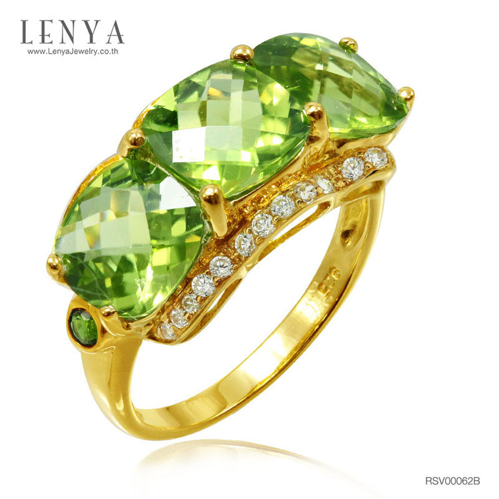 LENYA แหวนเพอริดอท ประดับเพชร DiamondLike และ Chrome Diopside สีเขียว ตัวเรือนเงินแท้ชุบทอง