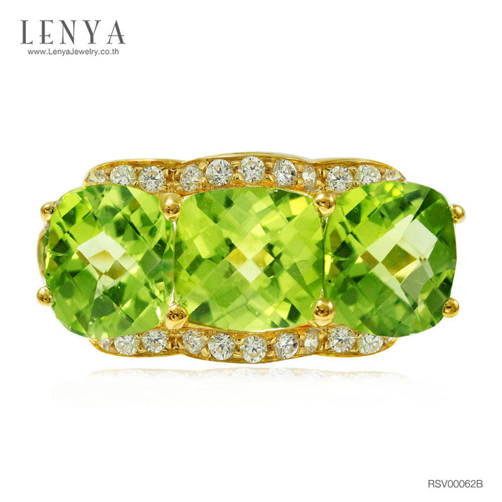 LENYA แหวนเพอริดอท ประดับเพชร DiamondLike และ Chrome Diopside สีเขียว ตัวเรือนเงินแท้ชุบทอง