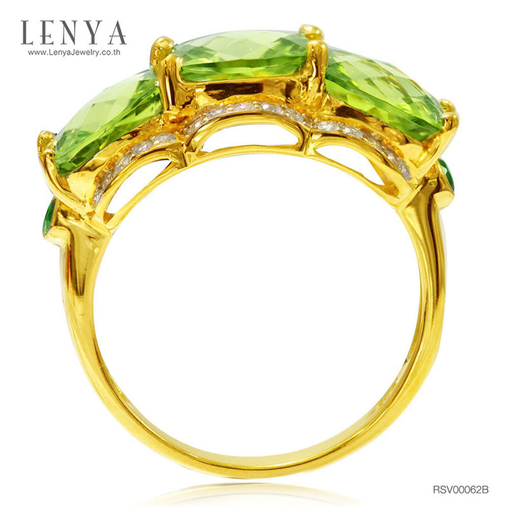 LENYA แหวนเพอริดอท ประดับเพชร DiamondLike และ Chrome Diopside สีเขียว ตัวเรือนเงินแท้ชุบทอง