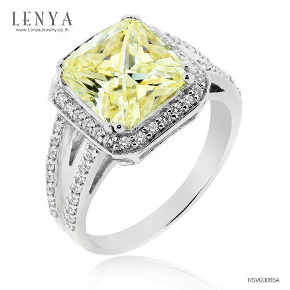 LENYA แหวน CZ สีเหลืองอ่อน Diamondlike เสริมความมั่นใจ ขนาด 9 มิล ตัวเรือนเงินแท้925 ชุบทองคำขาว